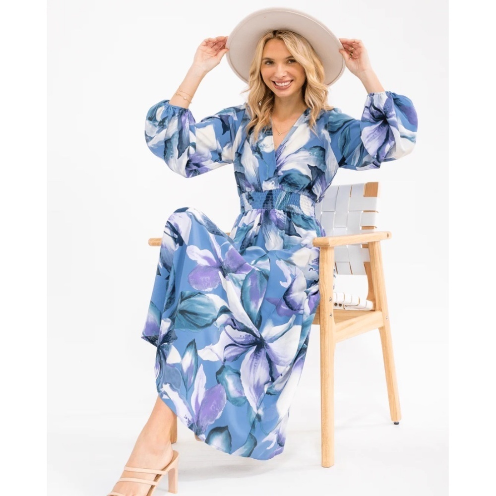 Long Sleeve Surplice Elastic Smock Floral Print Maxi Dress